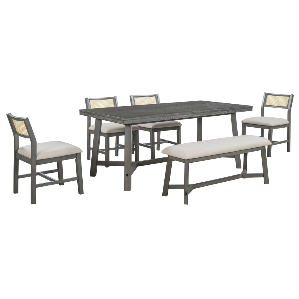 PORKISS 6 - Piece Dining Room Set, Farmhouse Dining Table Set with Bench and 4 Upholstered Chairs, Natural