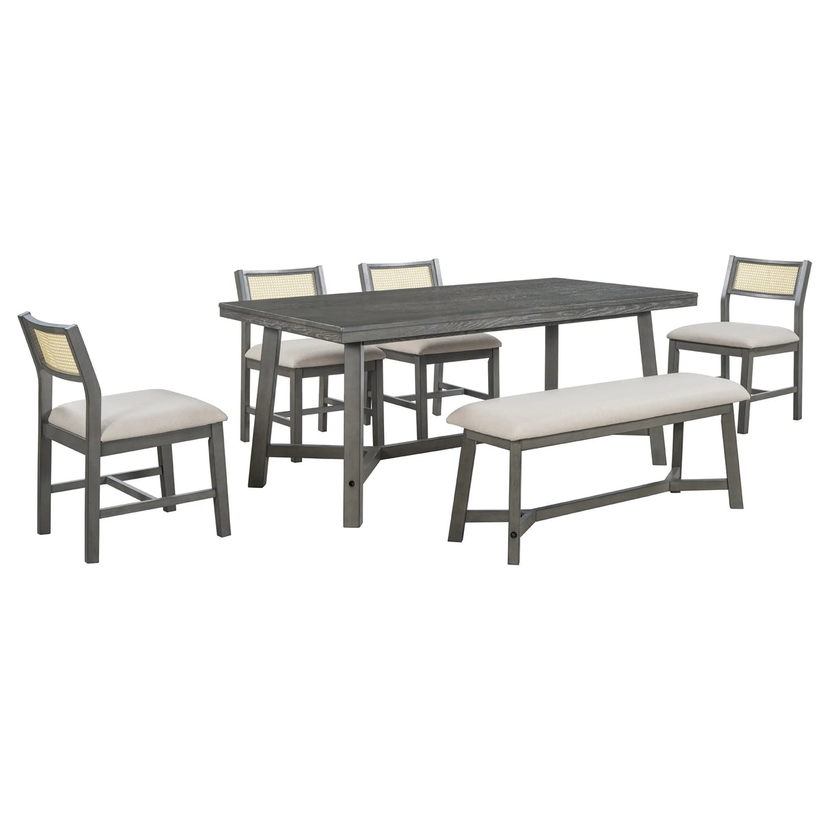 PORKISS 6 - Piece Dining Room Set, Farmhouse Dining Table Set with Bench and 4 Upholstered Chairs, Natural