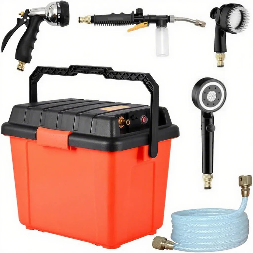 Portable Outdoor Shower System, 6.6-GALLON, High Pressure, Battery Powered, 12000MAH, with Pump & Garden Hose Nozzles, Ideal for Camping