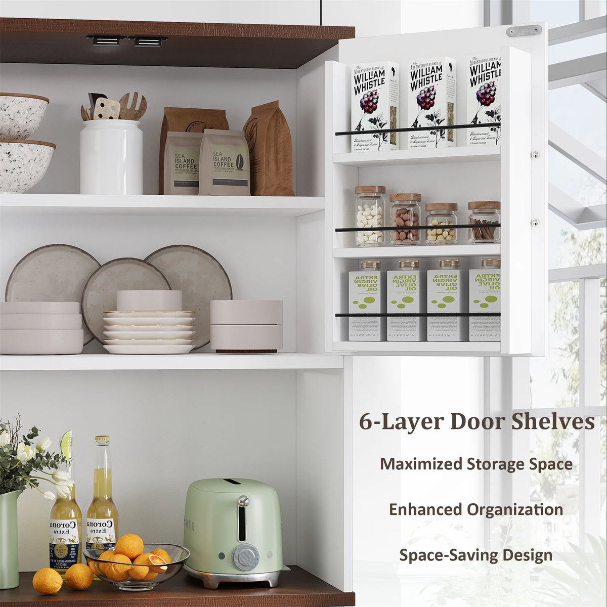 Planntonneo 71'' Tall Kitchen Pantry Storage Hutch Cabinet with Doors and Shelves, Grey Oak