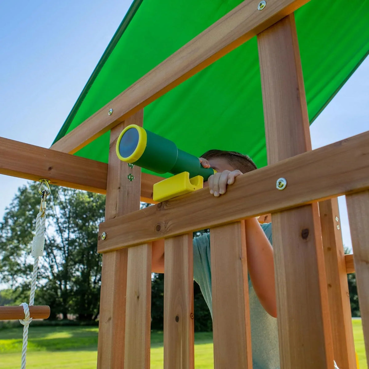 Mount Mckinley Cedar Wood Swing Set with Wave Slide, Play Deck, Double Rock Wall, Rope Ladder, Web Swing, Belt Swings, Toy Telescope,…