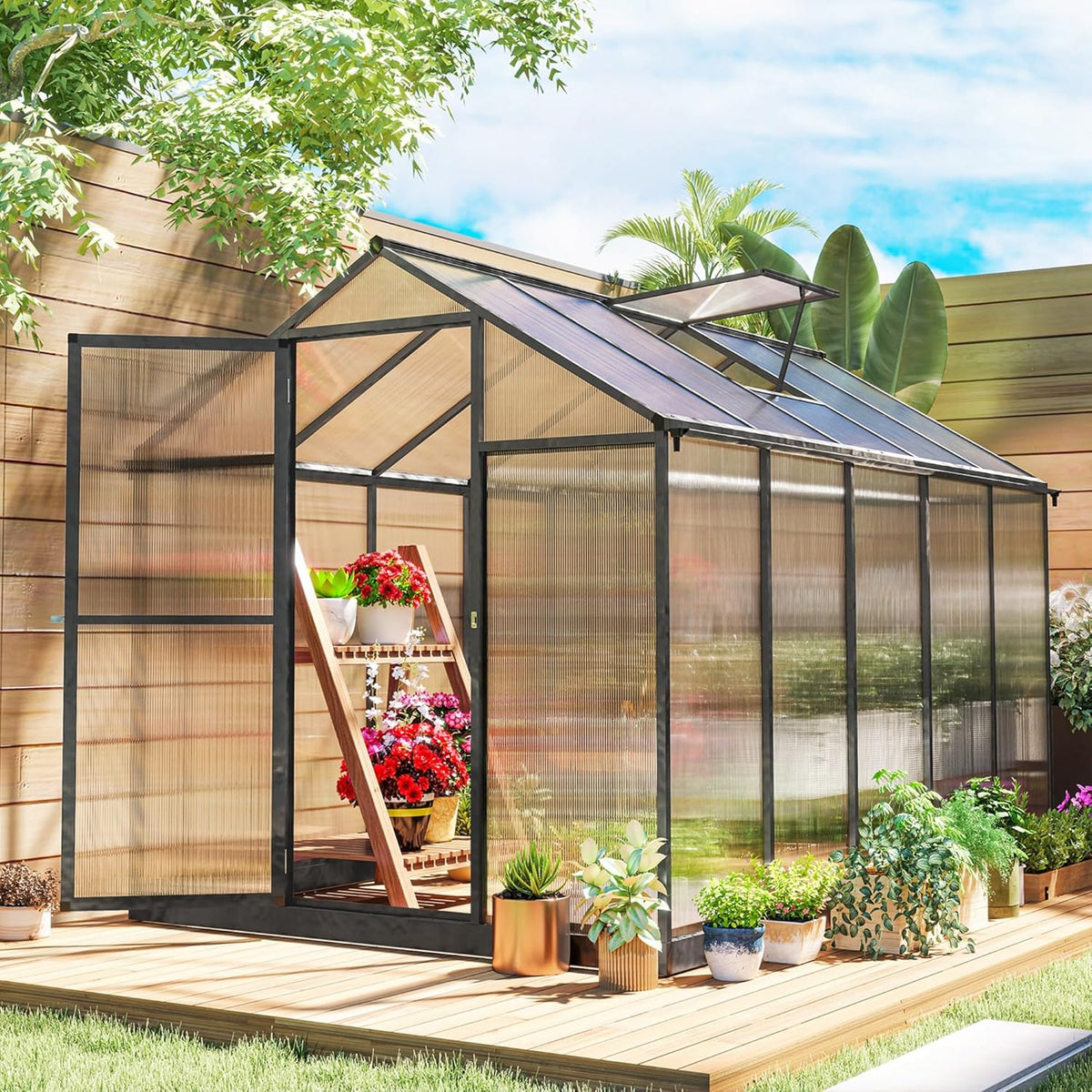 Walk-In Polycarbonate Greenhouse with Aluminum Frame and Roof Vent