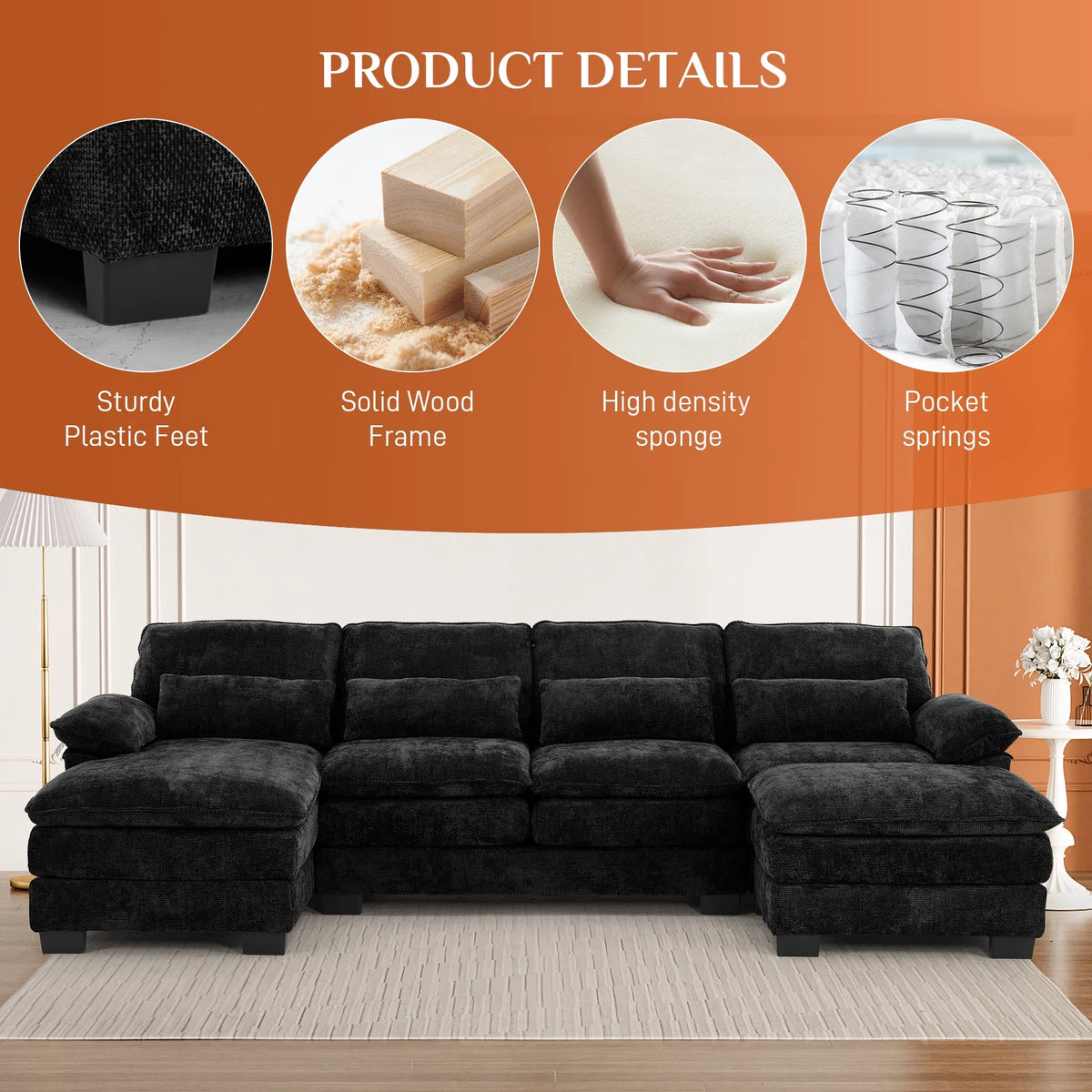 Rophefx 114.3" U Shaped Sectional Couches for Living Room, Cloud Couch, 4 Seats Chenille Couch with Double Layer Cushion, Orange