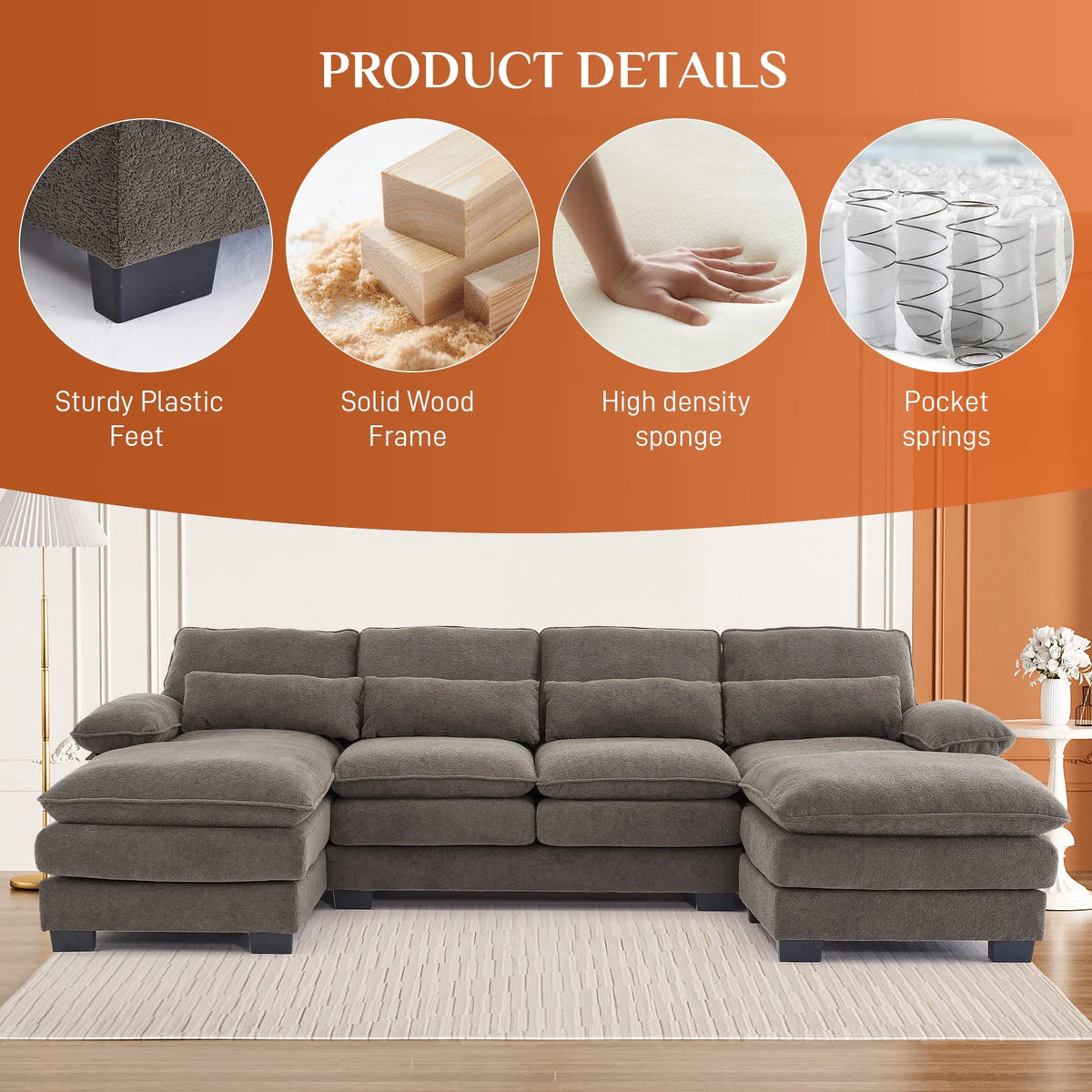 Rophefx 114.3" U Shaped Sectional Couches for Living Room, Cloud Couch, 4 Seats Chenille Couch with Double Layer Cushion, Orange