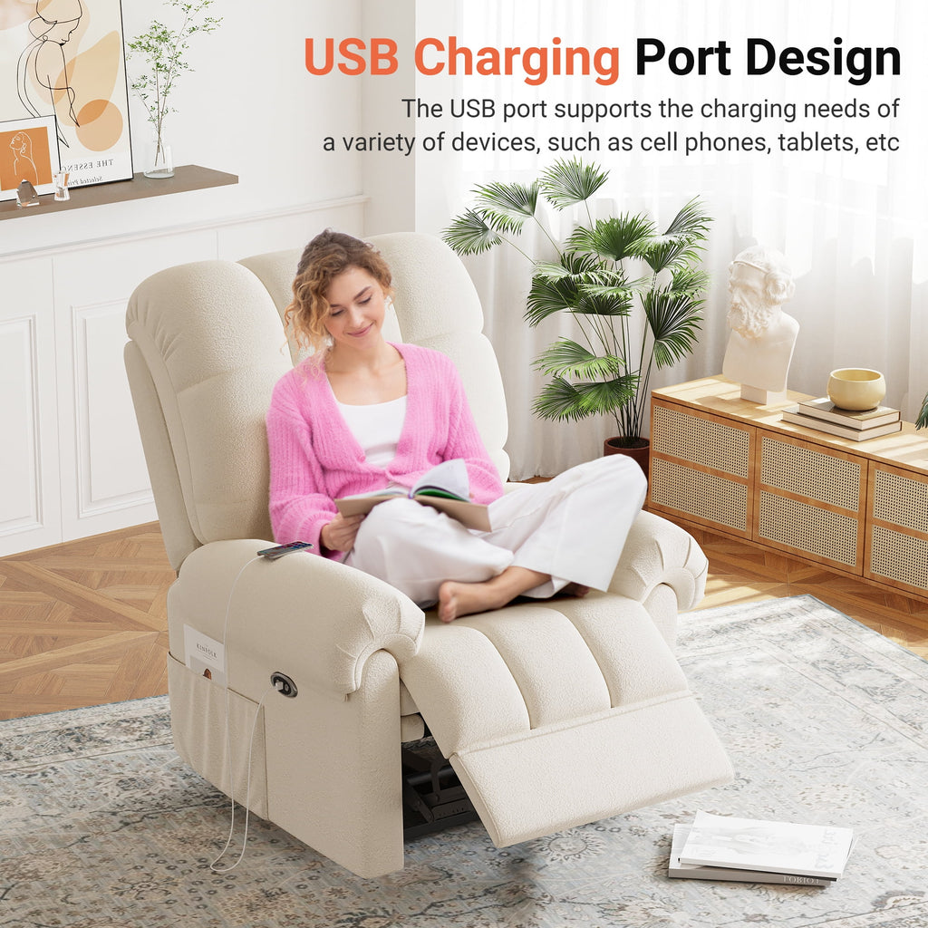 Power Recliner Chair, Electric Recline Sofa Chair for Adults with USB Port, Comfy Teddy Fleece Adjustable Cloud Sofa, Tool - Free Setup, Beige White