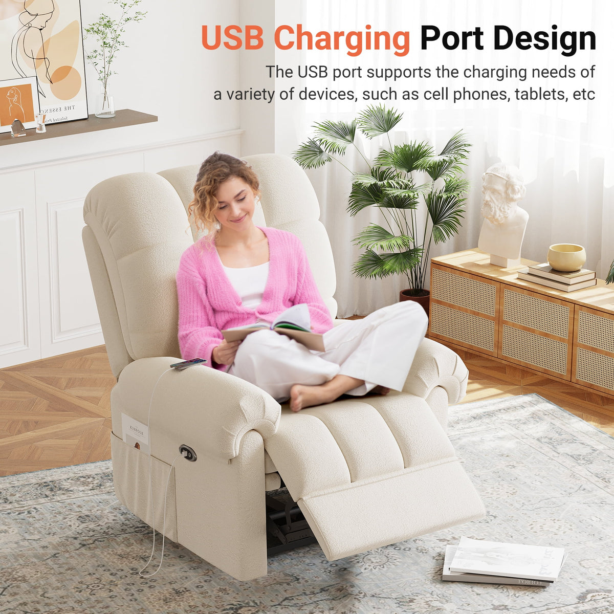 Power Recliner Chair, Electric Recline Sofa Chair for Adults with USB Port, Comfy Teddy Fleece Adjustable Cloud Sofa, Tool - Free Setup, Beige White