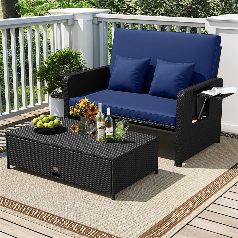 Patio Rattan Daybed Outdoor Wicker Loveseat Sofa with 4-Level Adjustable Backrest, Storage Ottoman, Retractable Tray & Cushions for Backyard