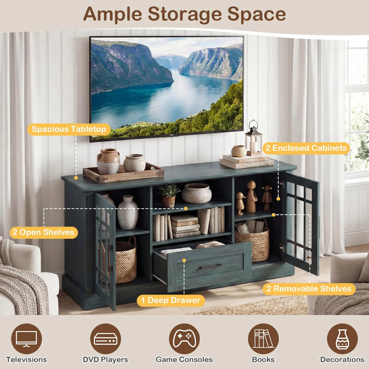 Tangkula Farmhouse TV Stand for TV up to 65 70 Inches 1 Drawer & 2 Open Shelves Wooden Entertainment Center