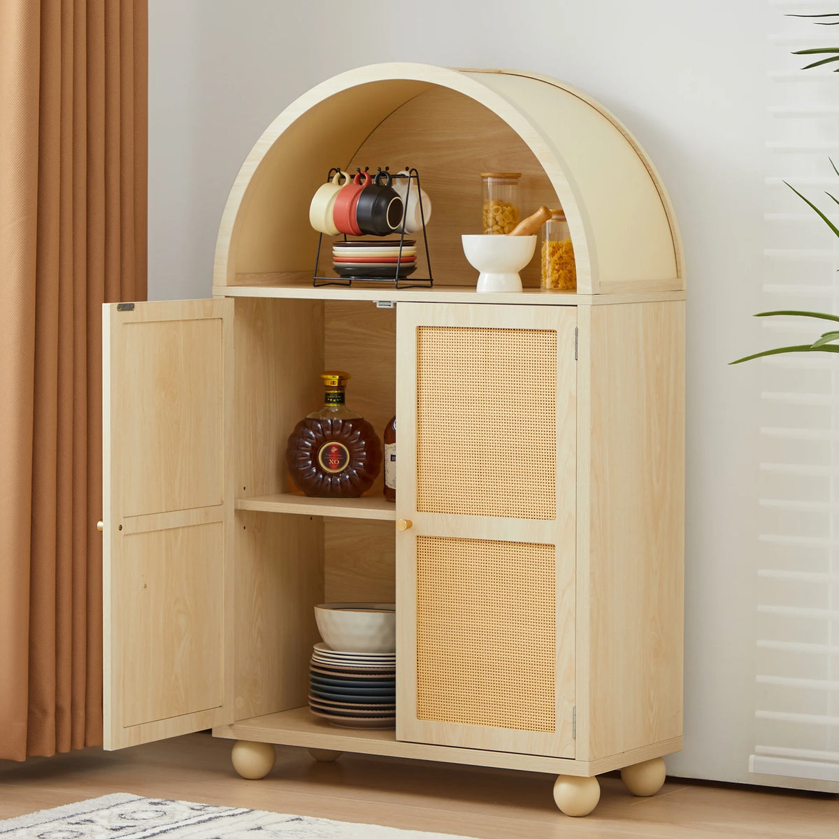 Wirrytor Arched Kitchen Storage Cabinet, Sideboard Buffet Cabinet with 2 - Tier and 2 Doors, Black Sideboard, Kitchen Pantry Cabinet, Wooden Storage Cabinet for Living Room