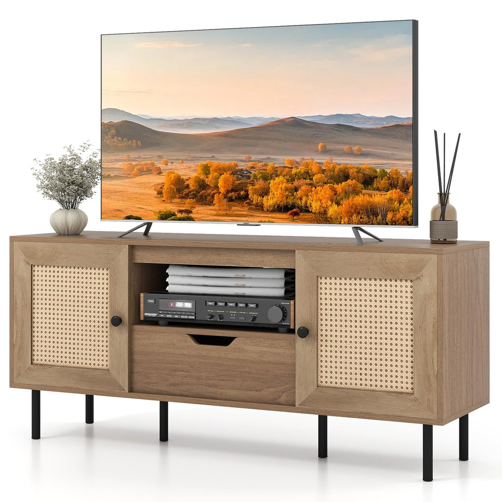 Tangkula Boho TV Stand for 60 Inch TV Entertainment Center with Cabinets and Storage Shelf