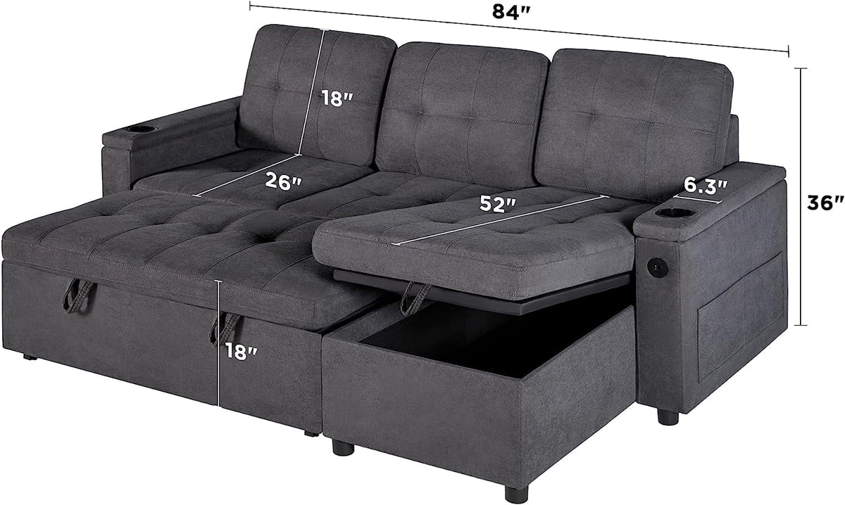 Papajet Sleeper Sofa, Modern Tufted Convertible Sofa Bed, USB Charging Ports & Cup Holders, L Shaped Sofa Couch with Storage Chaise, Linen Couches for Living Room (Dark Grey)