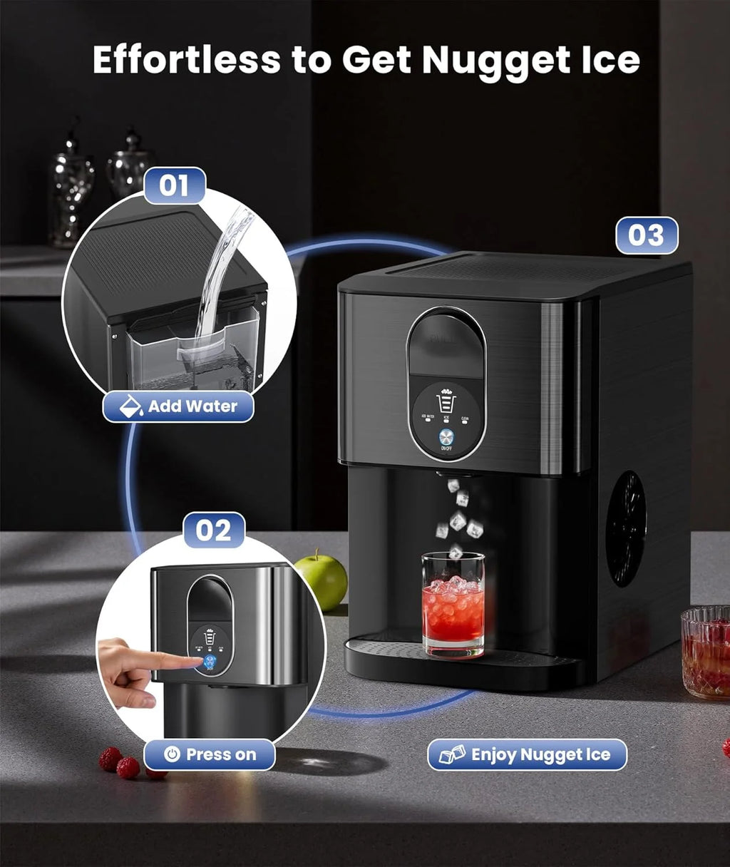 Moifoi Nugget Ice Maker, Culb in 6mins, 44 lb/24 H, Auto - Cleaning Portable Ice Machine with Basket & Scoop, Black
