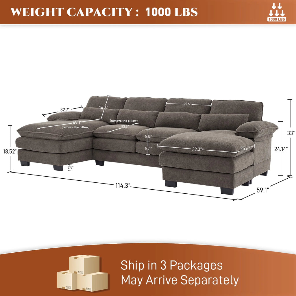 Rophefx 114.3" U Shaped Sectional Couches for Living Room, Cloud Couch, 4 Seats Chenille Couch with Double Layer Cushion, Orange