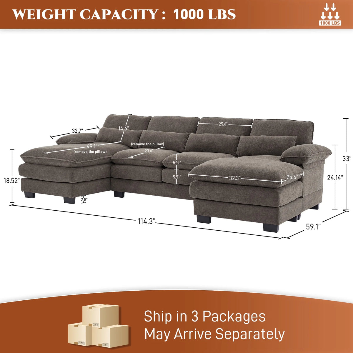 Rophefx 114.3" U Shaped Sectional Couches for Living Room, Cloud Couch, 4 Seats Chenille Couch with Double Layer Cushion, Orange