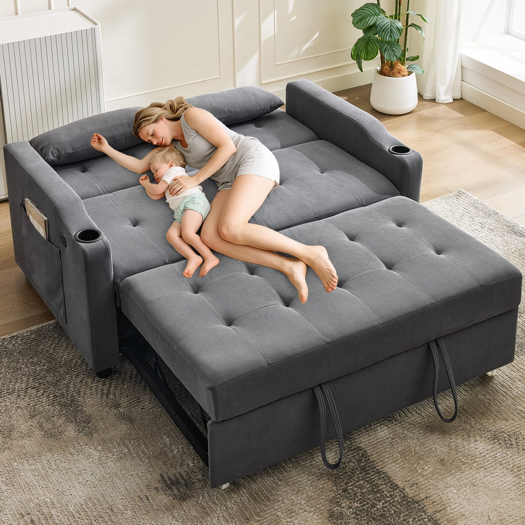 3 in 1 Convertible Sleeper Sofa Bed, Corduroy Futon Couches with Pull - Out Bed, Adjustable Backrest, Charging Port & Side Pockets, Modern Upholstered Sofa for Living Room, Guest Room