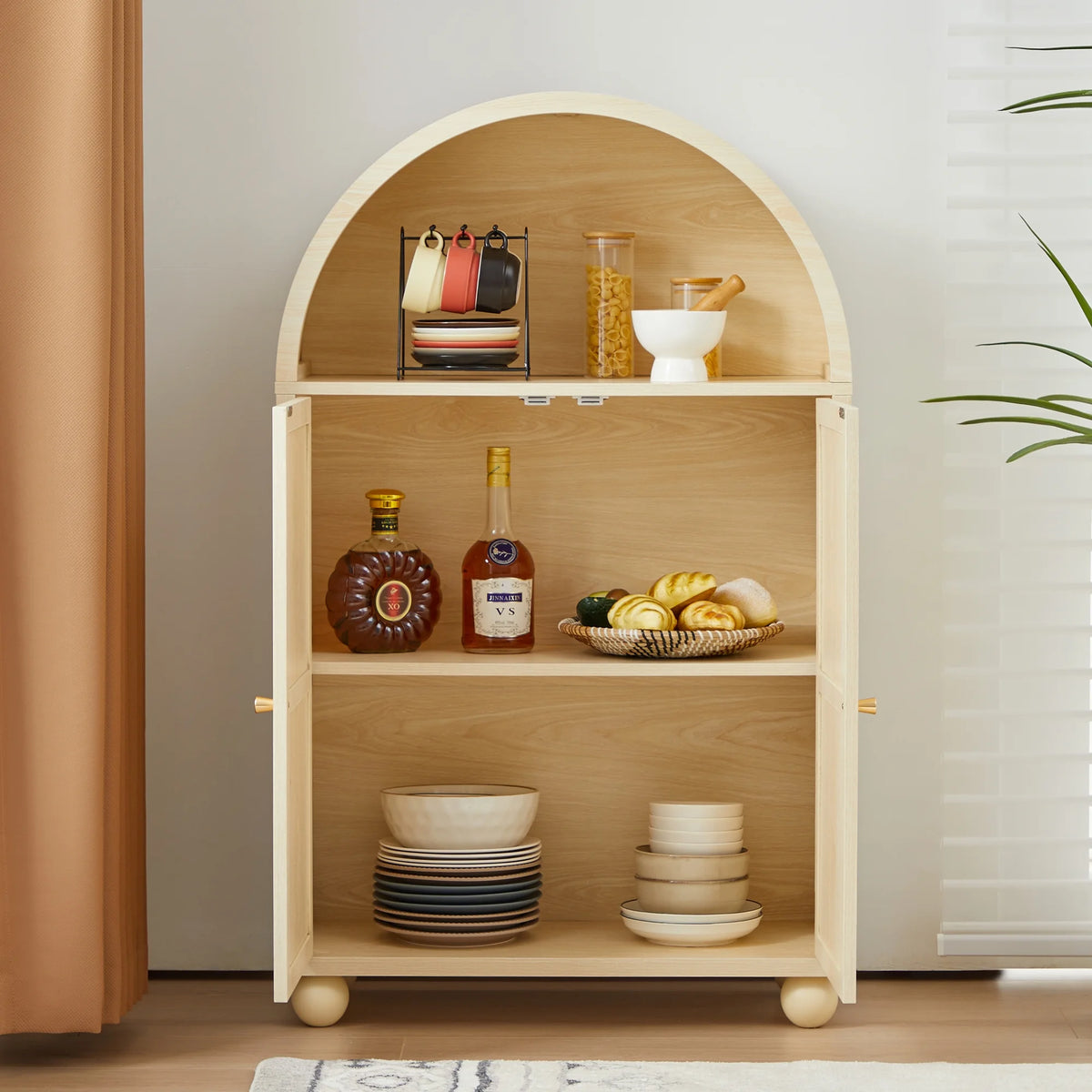 Wirrytor Arched Kitchen Storage Cabinet, Sideboard Buffet Cabinet with 2 - Tier and 2 Doors, Black Sideboard, Kitchen Pantry Cabinet, Wooden Storage Cabinet for Living Room