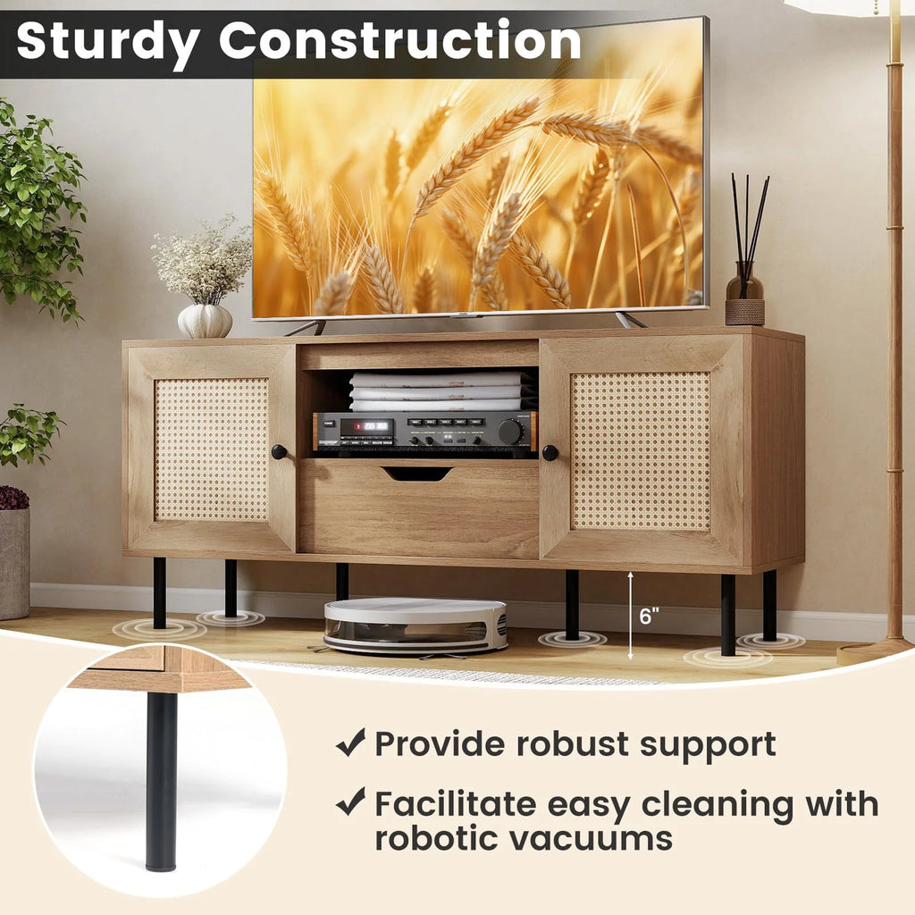 Tangkula Boho TV Stand for 60 Inch TV Entertainment Center with Cabinets and Storage Shelf