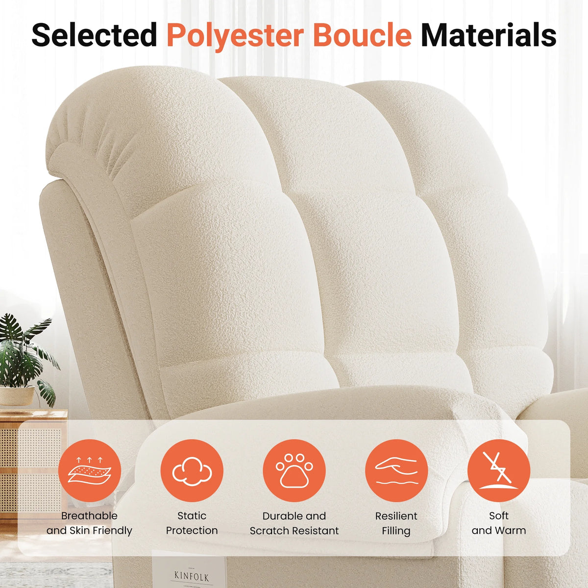Power Recliner Chair, Electric Recline Sofa Chair for Adults with USB Port, Comfy Teddy Fleece Adjustable Cloud Sofa, Tool - Free Setup, Beige White