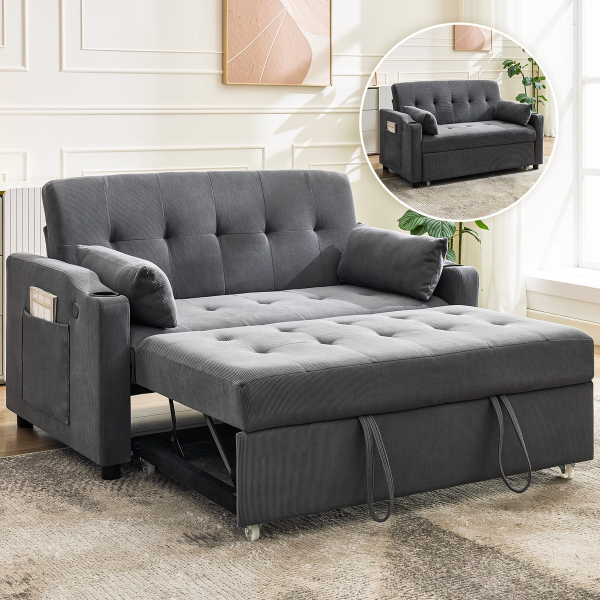 3 in 1 Convertible Sleeper Sofa Bed, Corduroy Futon Couches with Pull - Out Bed, Adjustable Backrest, Charging Port & Side Pockets, Modern Upholstered Sofa for Living Room, Guest Room