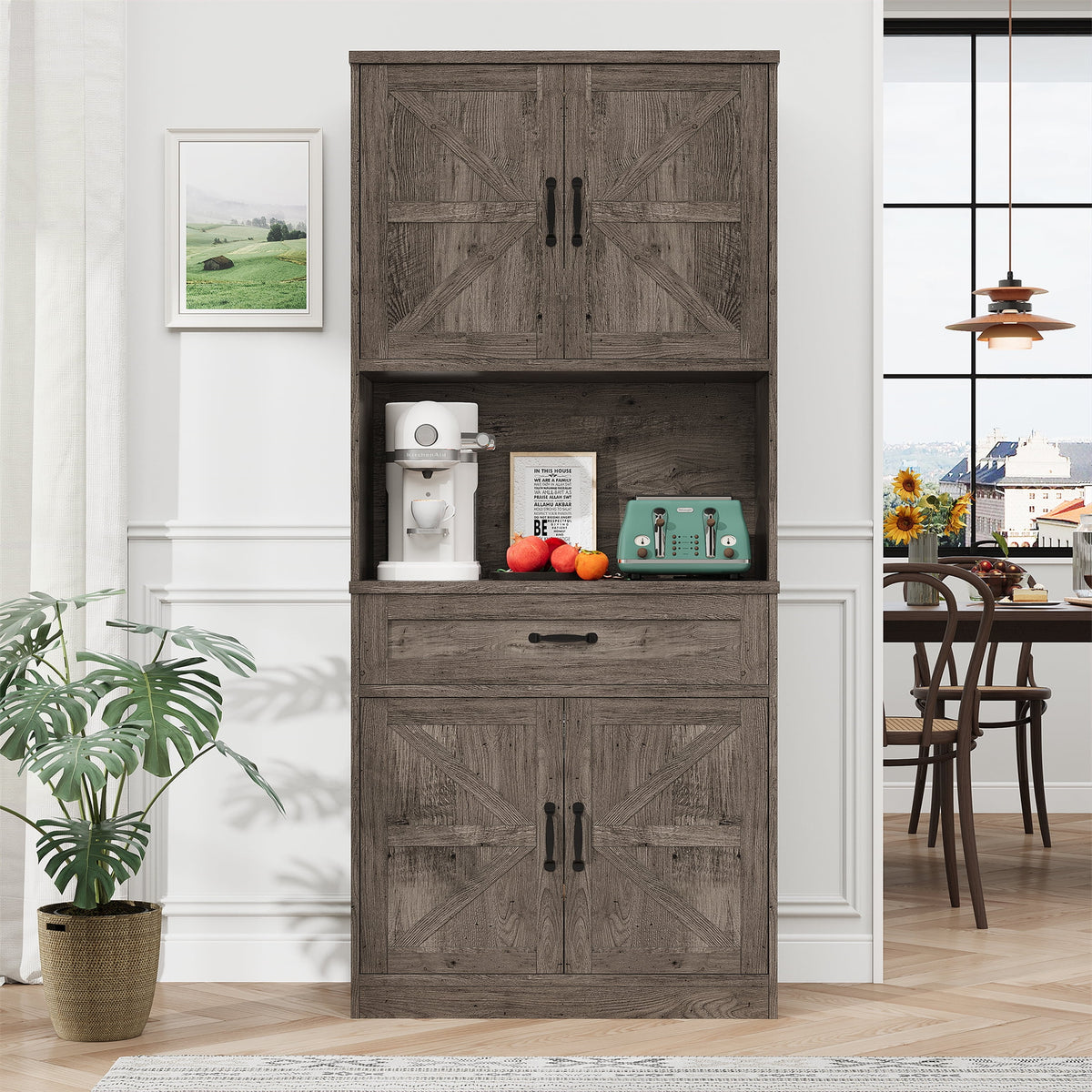 Planntonneo 71'' Tall Kitchen Pantry Storage Hutch Cabinet with Doors and Shelves, Grey Oak