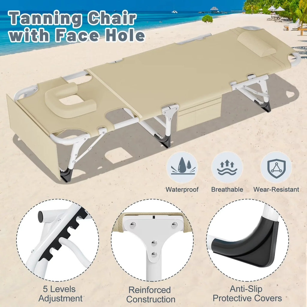 MOPHOTO Lounge Chair with Mattress, Outdoor Chaise Lounge Support 440 lb, Adjustable Portable Heavy Duty Sleeping Cots Bed for Camping, Pool, Beach, Patio