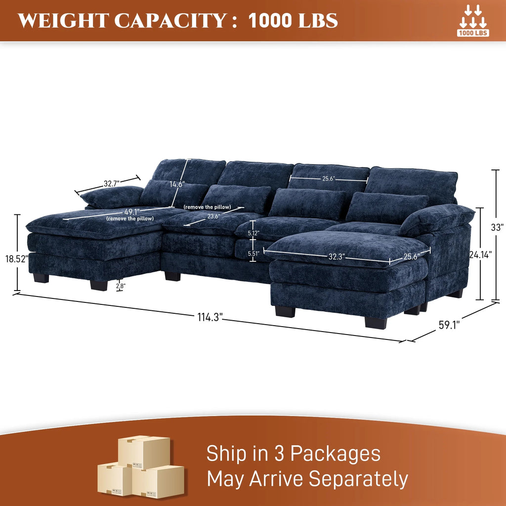 Rophefx 114.3" U Shaped Sectional Couches for Living Room, Cloud Couch, 4 Seats Chenille Couch with Double Layer Cushion, Orange