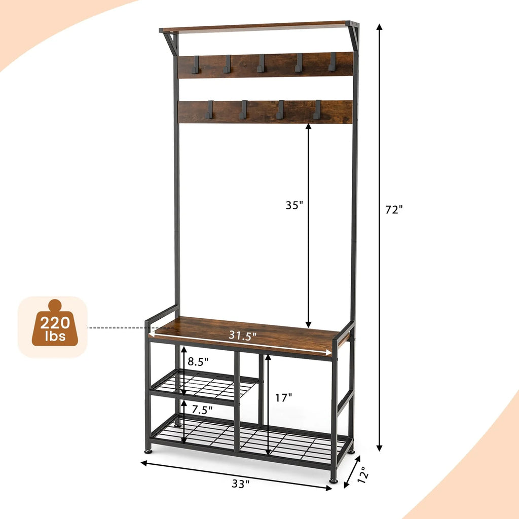 Tangkula Coat Rack Shoe Bench, 3-in-1 Industrial Hall Tree w/Storage Bench & 9 Hanging Hooks, 3-Tier Wood Look Entryway Bench w/Metal Frame