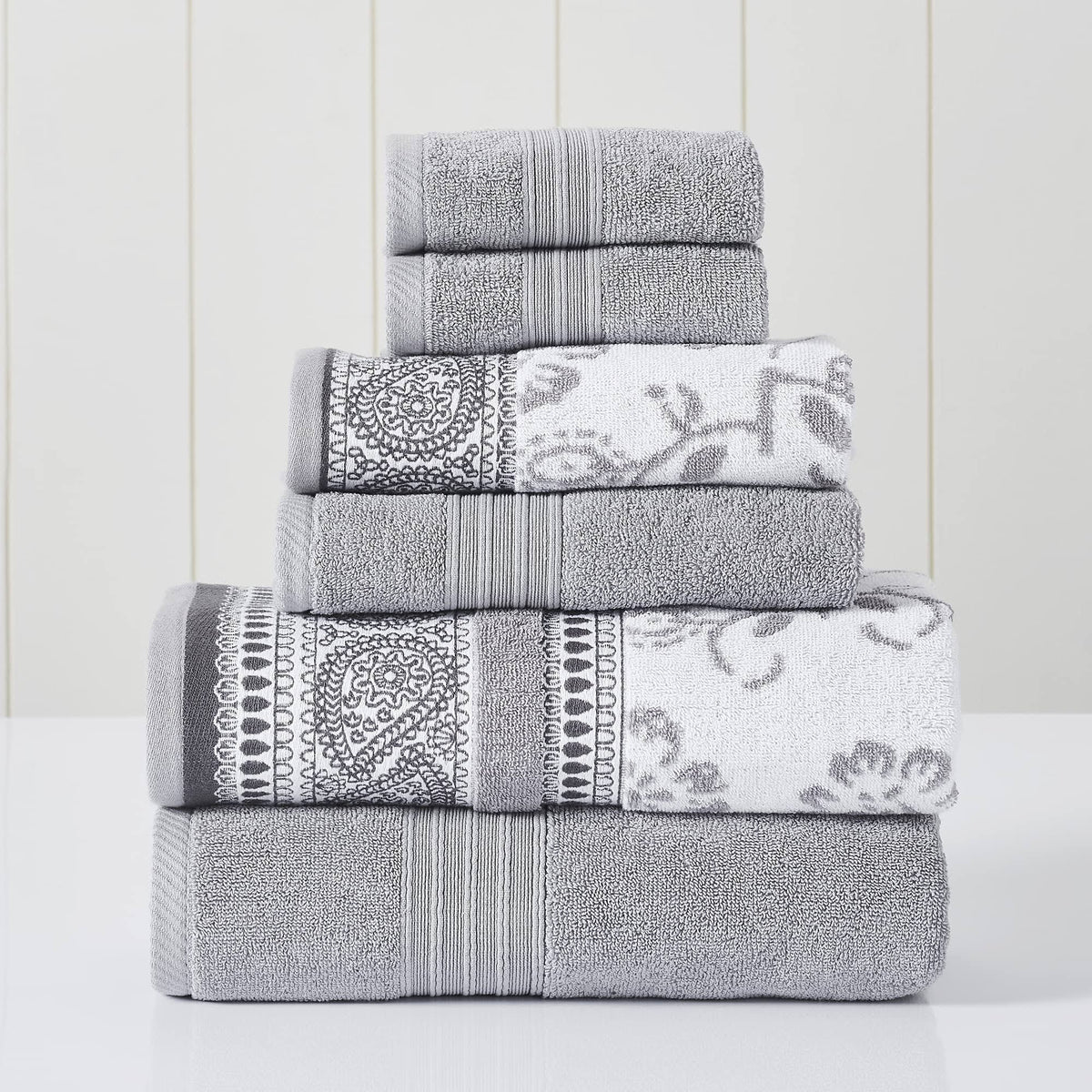 Modern Threads 6 Piece Yarn Dyed Jacquard/Solid Towel Set, Ophelia, STONE.