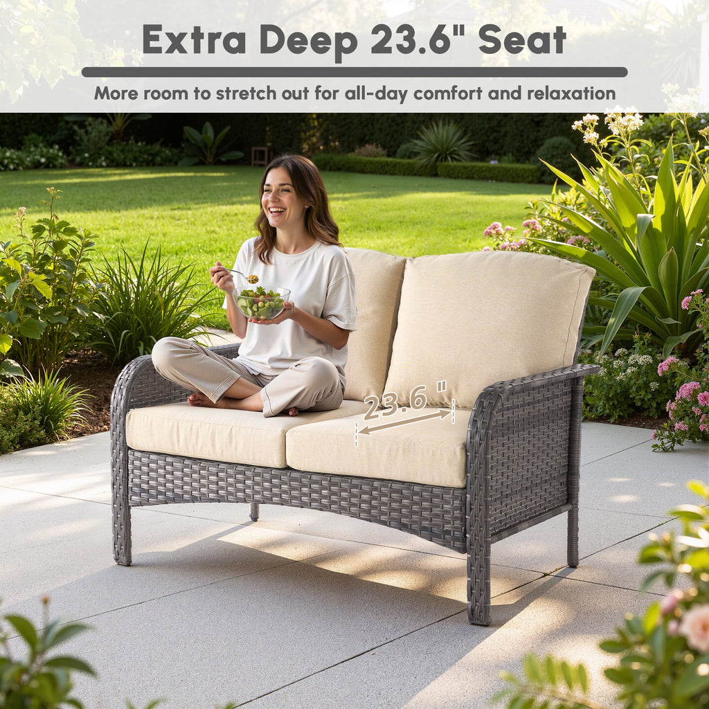 Ovios 4 Pieces Wicker Outdoor Patio Furniture with Coffee Table High Back All-Weather Rattan Outdoor Sectional Conversation Set for Backyard Porch Garden, Denim Blue