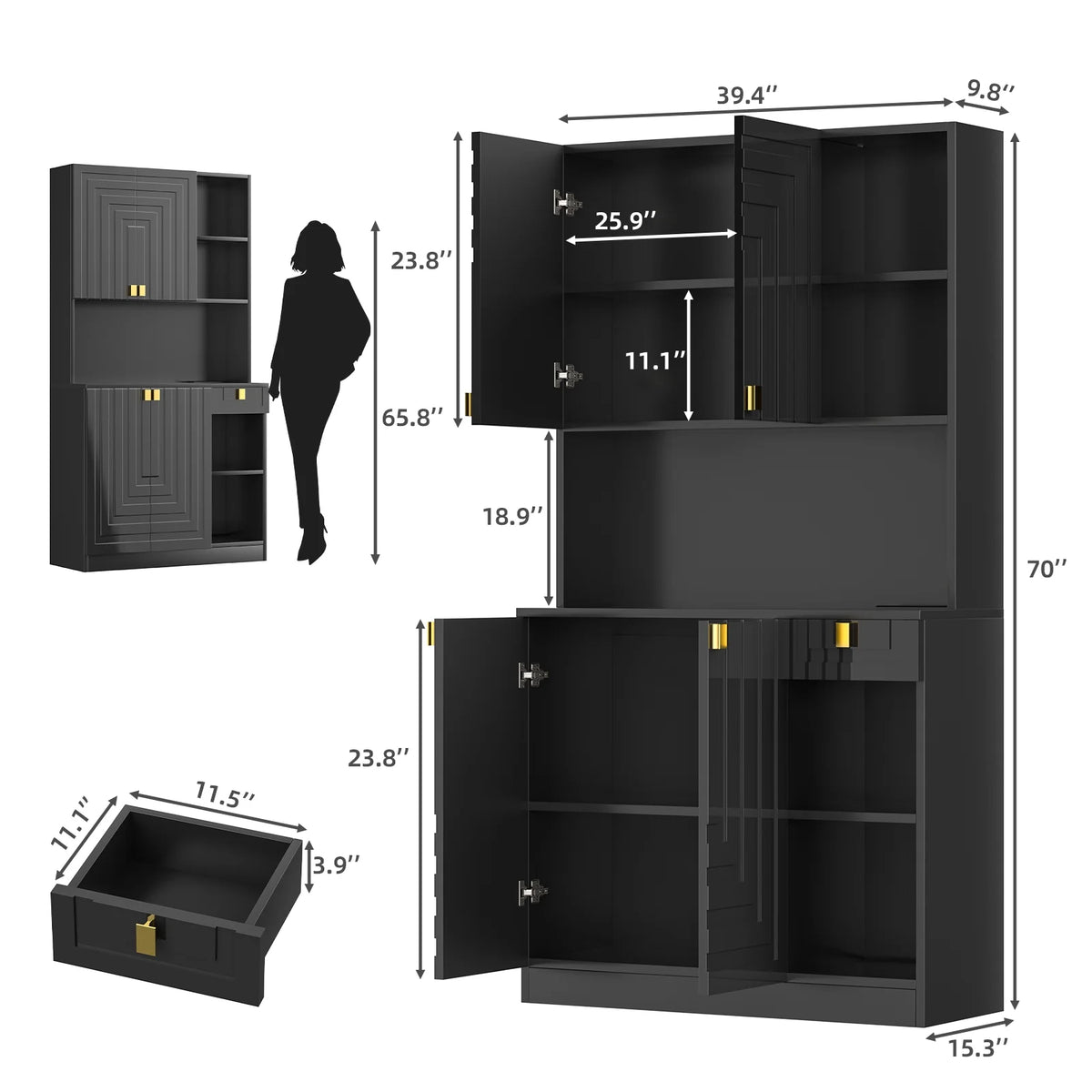 Planntonneo 71'' Tall Kitchen Pantry Storage Hutch Cabinet with Doors and Shelves, Grey Oak
