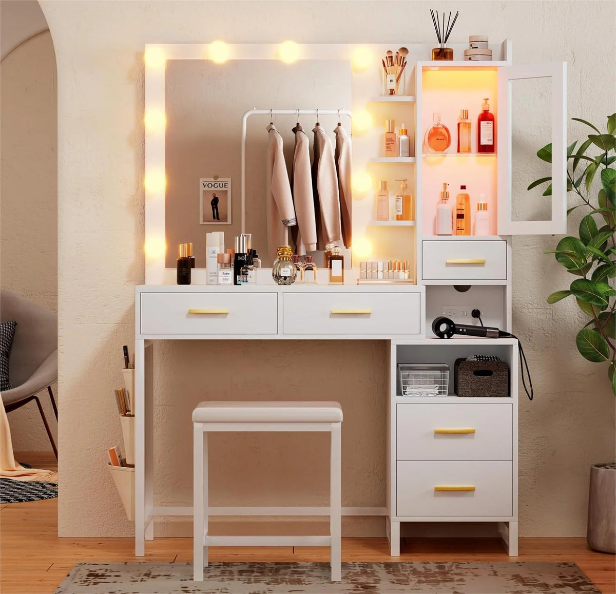 Makeup Vanity Desk with Mirror and Lights, White Vanity Desk with Charging Station, LED Cabinet, 5 Drawers & Storage Bag, Vanity Mirror with Lights Desk and Chair, Vanity Table Set with Stool
