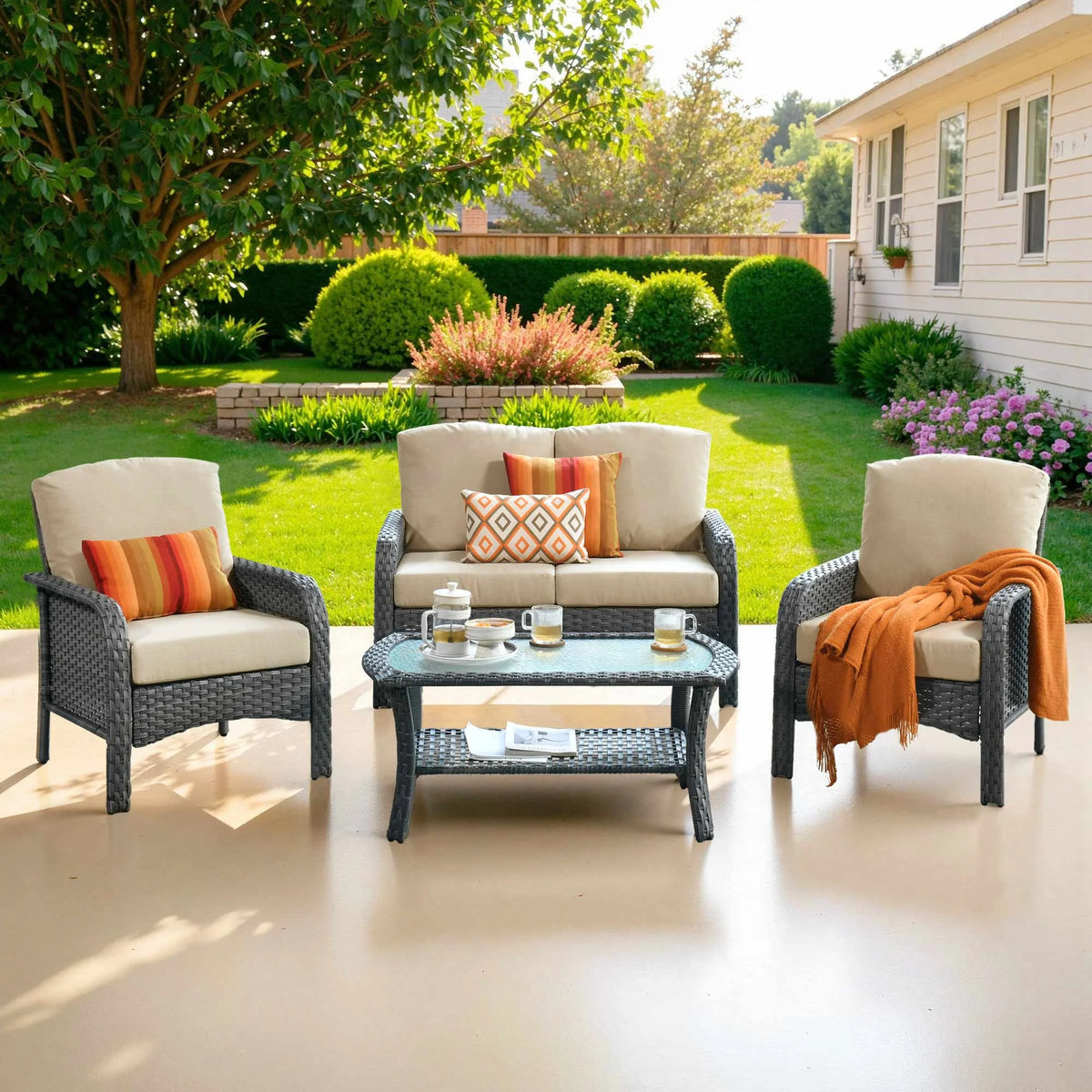 Ovios 4 Pieces Wicker Outdoor Patio Furniture with Coffee Table High Back All-Weather Rattan Outdoor Sectional Conversation Set for Backyard Porch Garden, Denim Blue