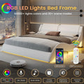 Queen Size Bed Frame with LED Lights, Modern Platform Bed Frame with Upholstered Headboard, Faux Leather Wave Like Low Profile Bed Frame, No Box Spring Needed, Black