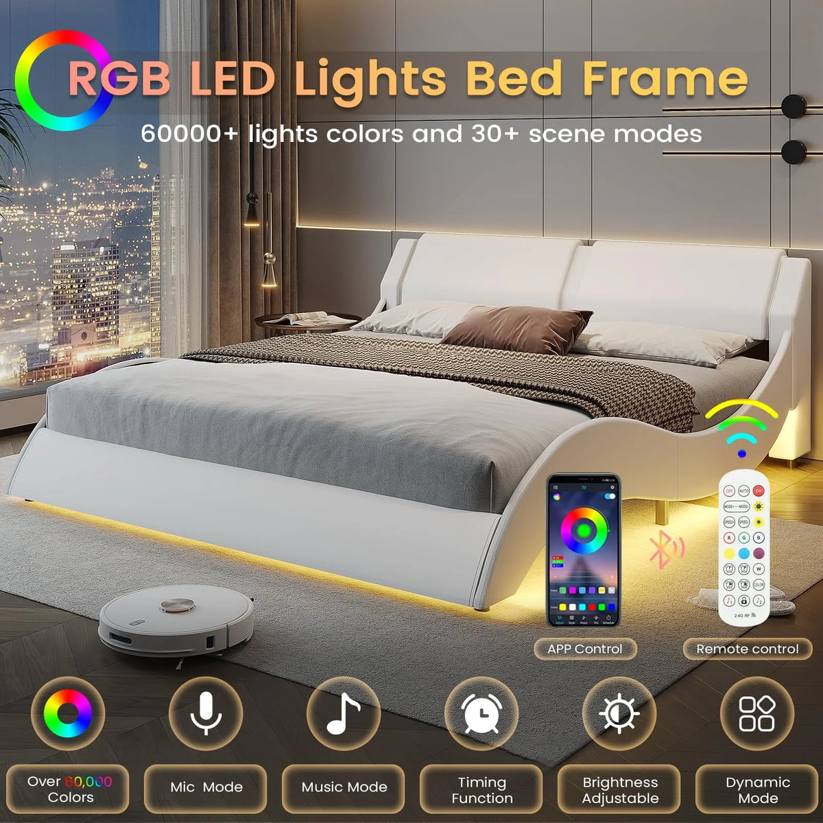 Queen Size Bed Frame with LED Lights, Modern Platform Bed Frame with Upholstered Headboard, Faux Leather Wave Like Low Profile Bed Frame, No Box Spring Needed, Black