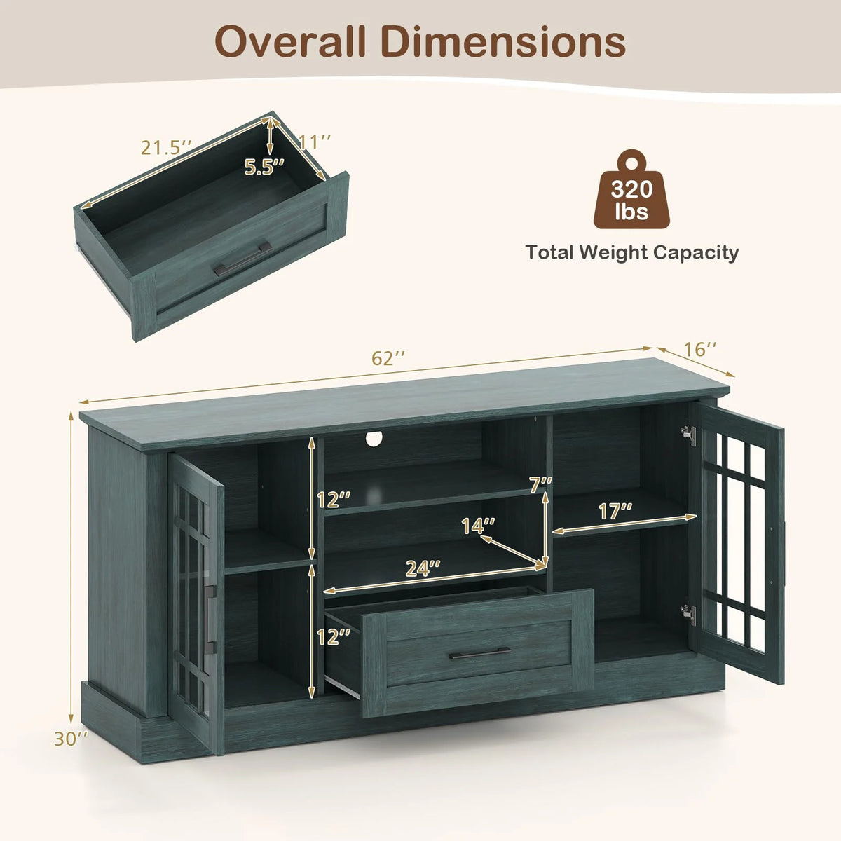 Tangkula Farmhouse TV Stand for TV up to 65 70 Inches 1 Drawer & 2 Open Shelves Wooden Entertainment Center