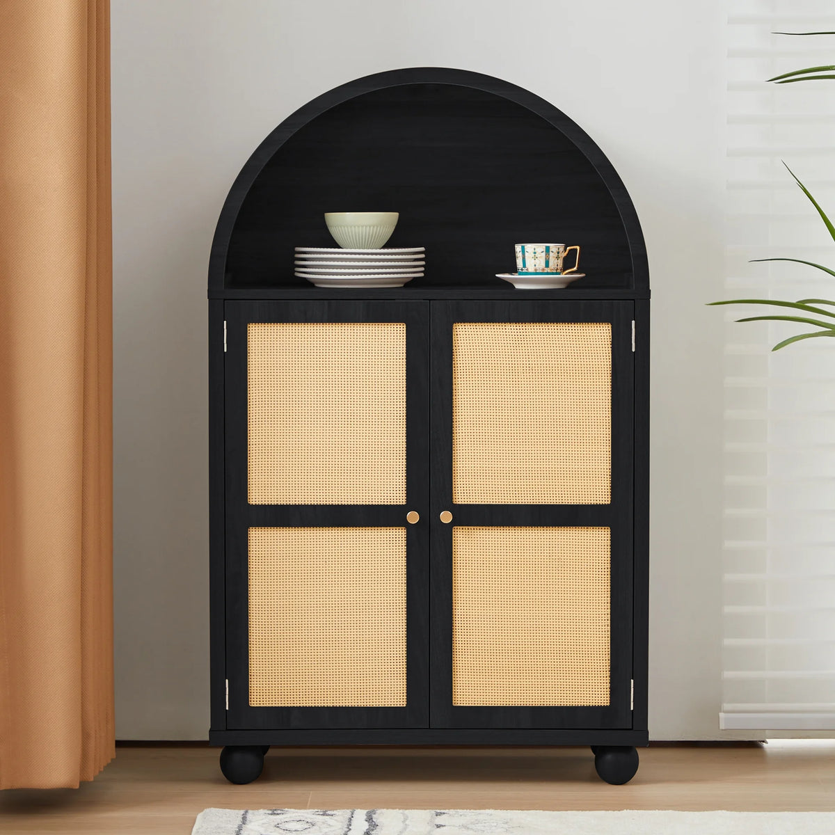 Wirrytor Arched Kitchen Storage Cabinet, Sideboard Buffet Cabinet with 2 - Tier and 2 Doors, Black Sideboard, Kitchen Pantry Cabinet, Wooden Storage Cabinet for Living Room