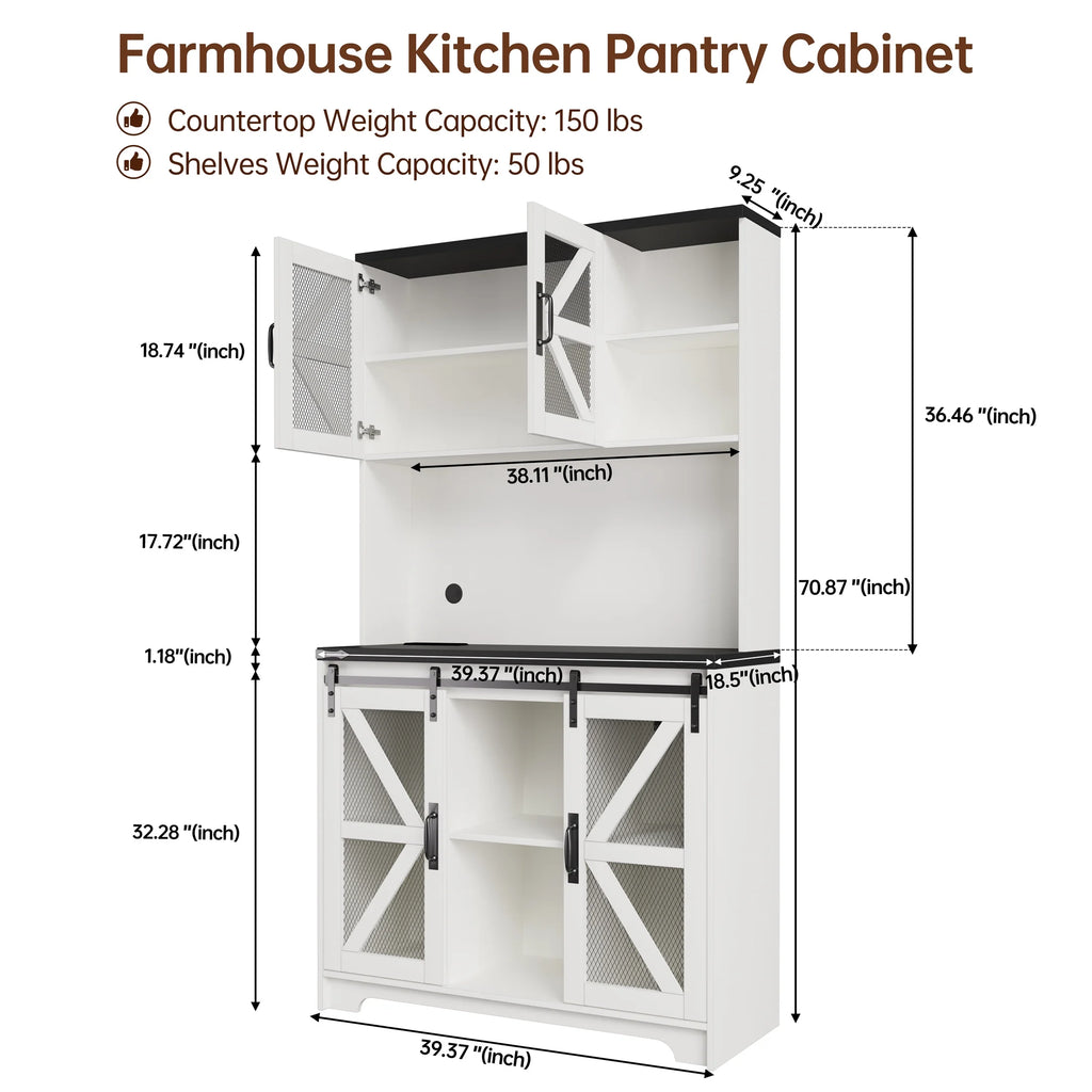 Planntonneo 71'' Tall Kitchen Pantry Storage Hutch Cabinet with Doors and Shelves, Grey Oak