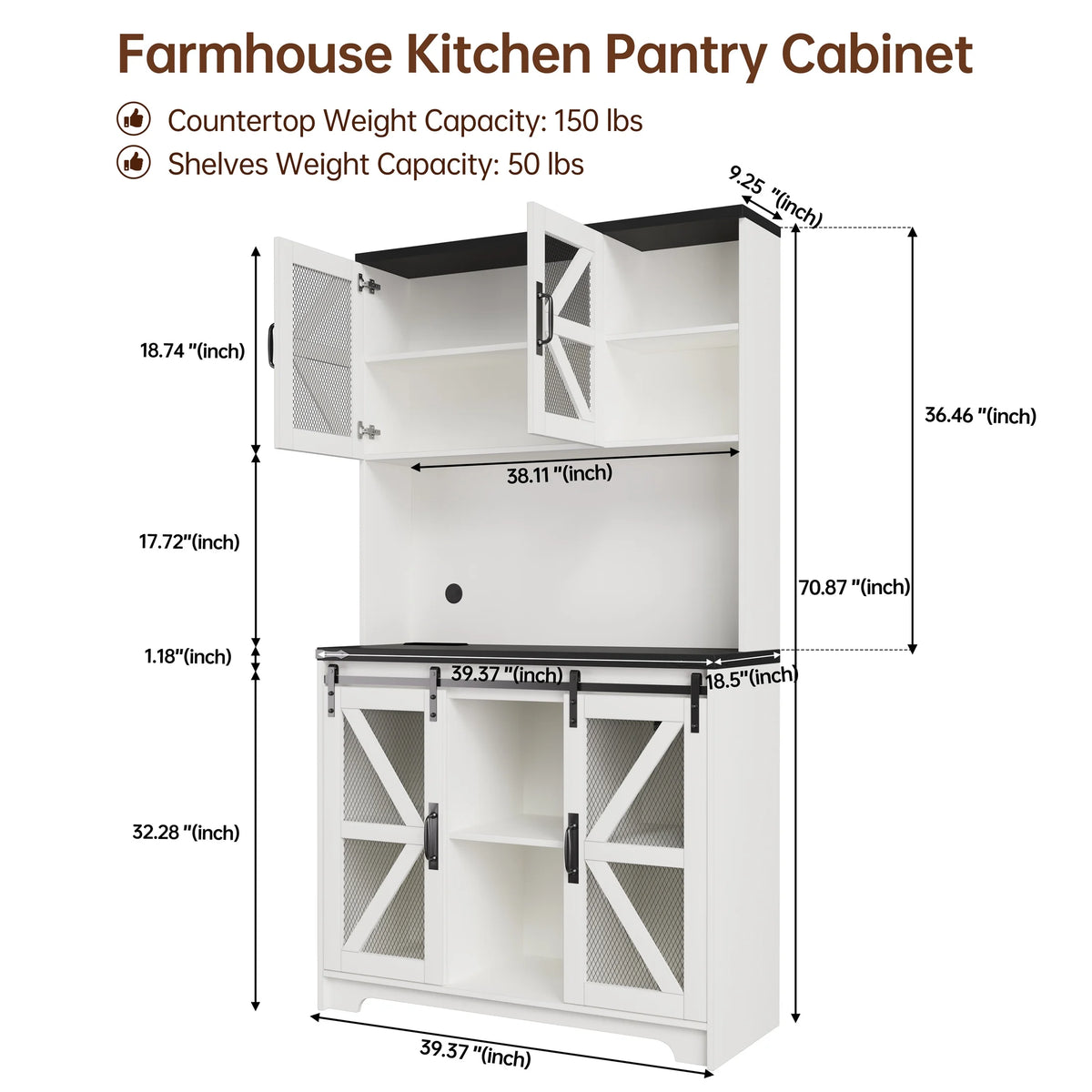 Planntonneo 71'' Tall Kitchen Pantry Storage Hutch Cabinet with Doors and Shelves, Grey Oak