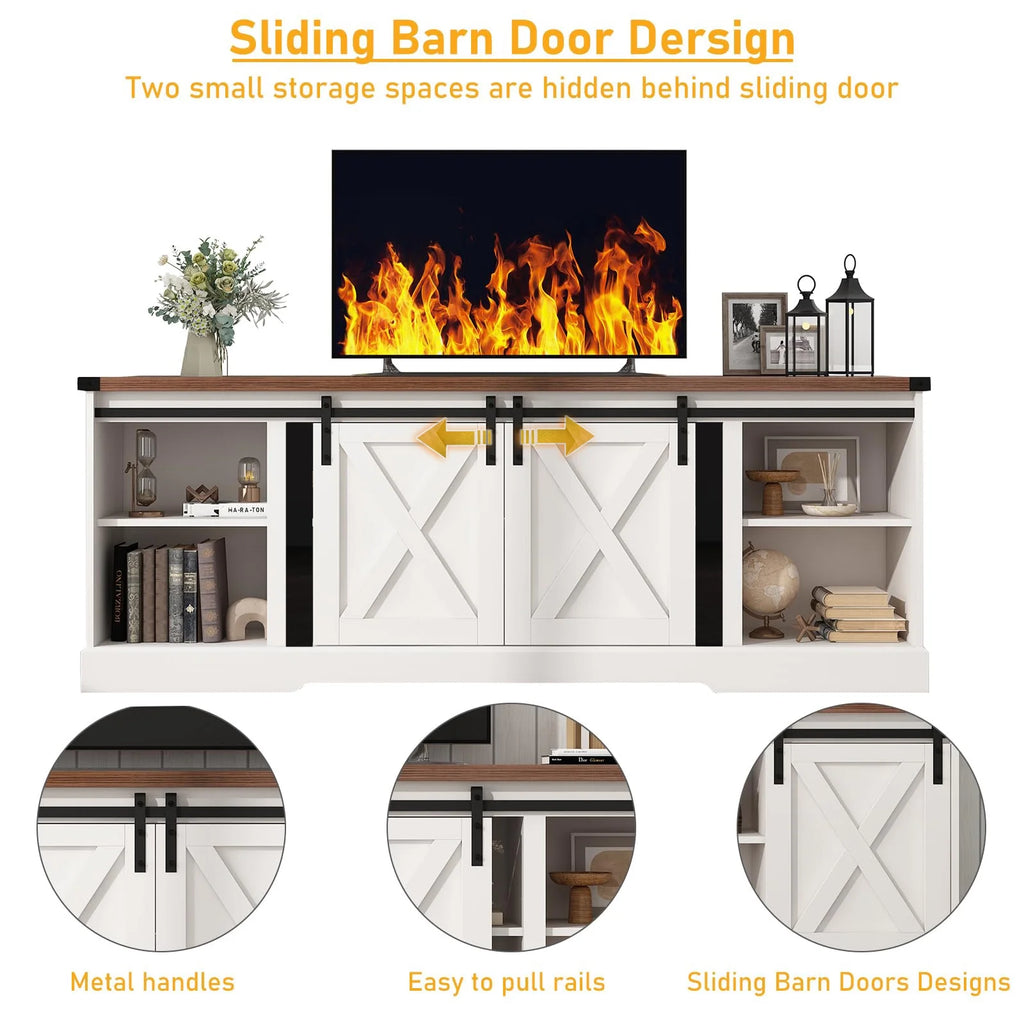 Chvans Farmhouse Barn Door TV Stand for up to 65" Tvs & 23" Electric Fireplace, Entertainment Center Console Table with Adjustable Shevles