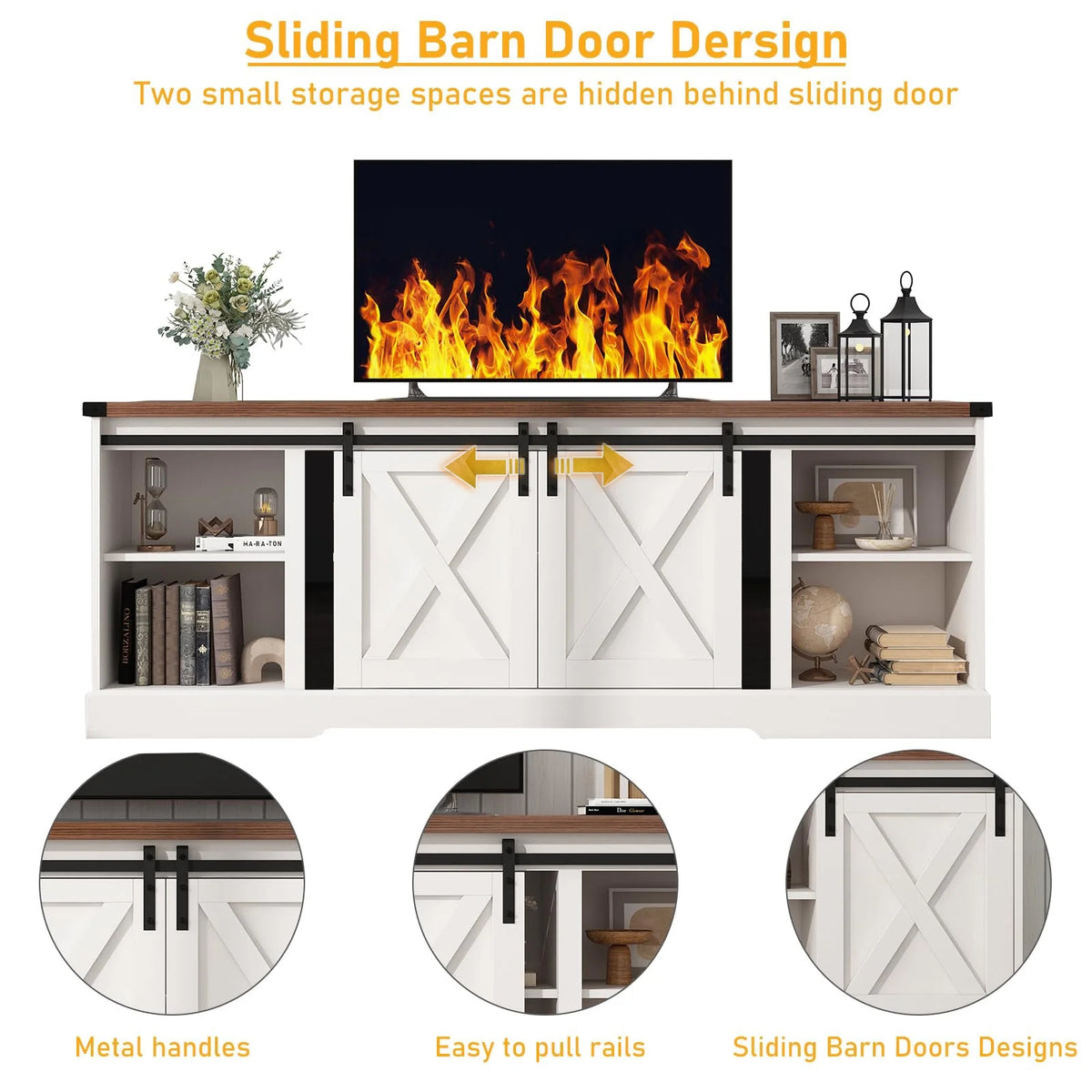 Chvans Farmhouse Barn Door TV Stand for up to 65" Tvs & 23" Electric Fireplace, Entertainment Center Console Table with Adjustable Shevles