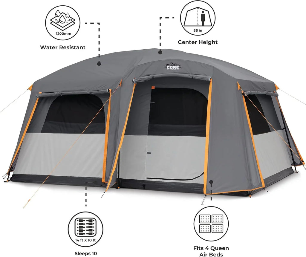 Straight Wall Cabin Tents | 10 Person / 11 Person / 12 Person Large Multi Room Family Tents for Car Camping & Outdoor Adventures