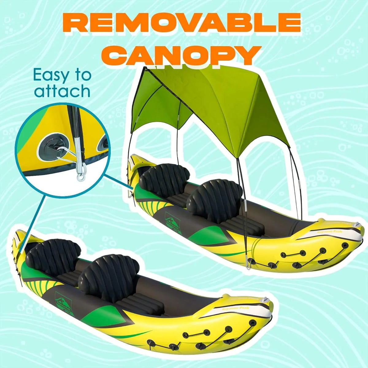 Kp Inflatable Kayak 2 Person with Sun Canopy Detachable Kayaks for Adults 3RD Seat for Dog Child Waterproof Phone Bags Adjustable