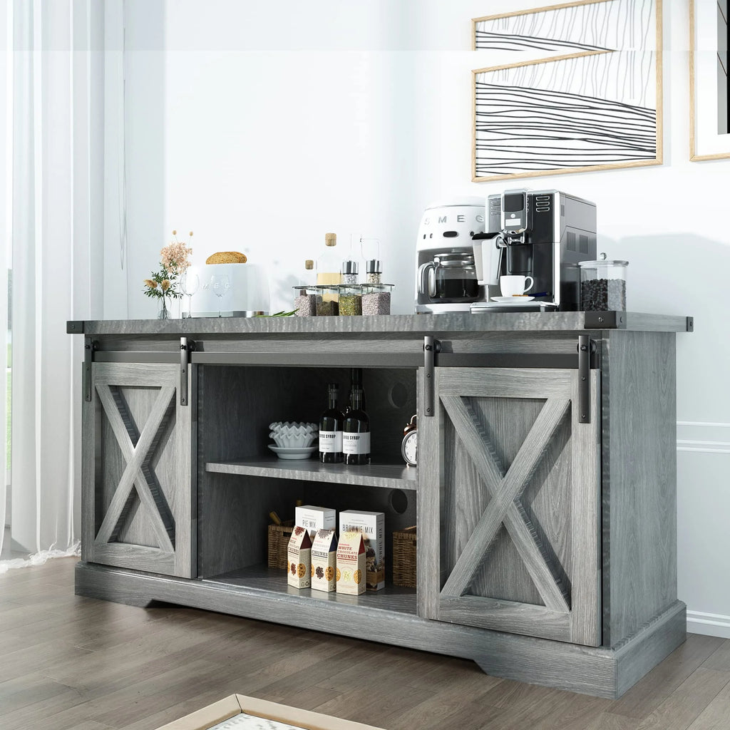 Chvans Farmhouse Barn Door TV Stand for up to 65" Tvs & 23" Electric Fireplace, Entertainment Center Console Table with Adjustable Shevles