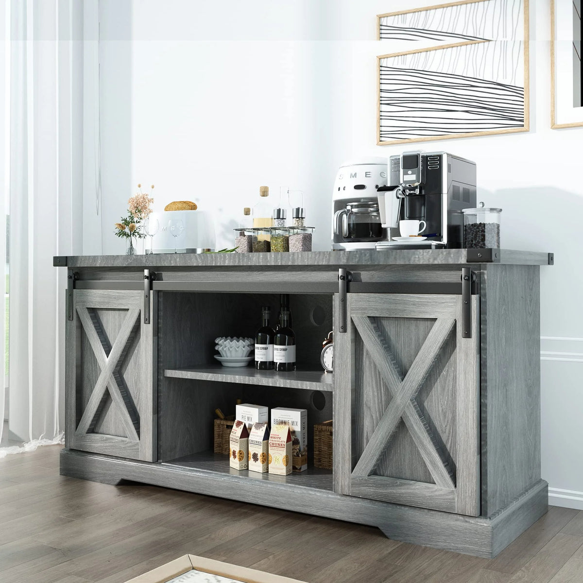 Chvans Farmhouse Barn Door TV Stand for up to 65" Tvs & 23" Electric Fireplace, Entertainment Center Console Table with Adjustable Shevles