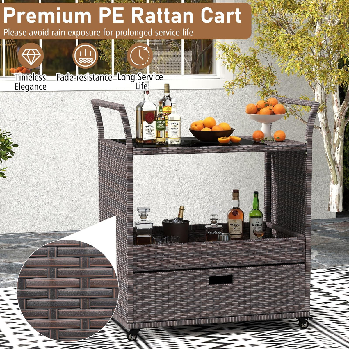 Tangkula Outdoor Rolling Wicker Bar Cart with Tempered Glass Top
