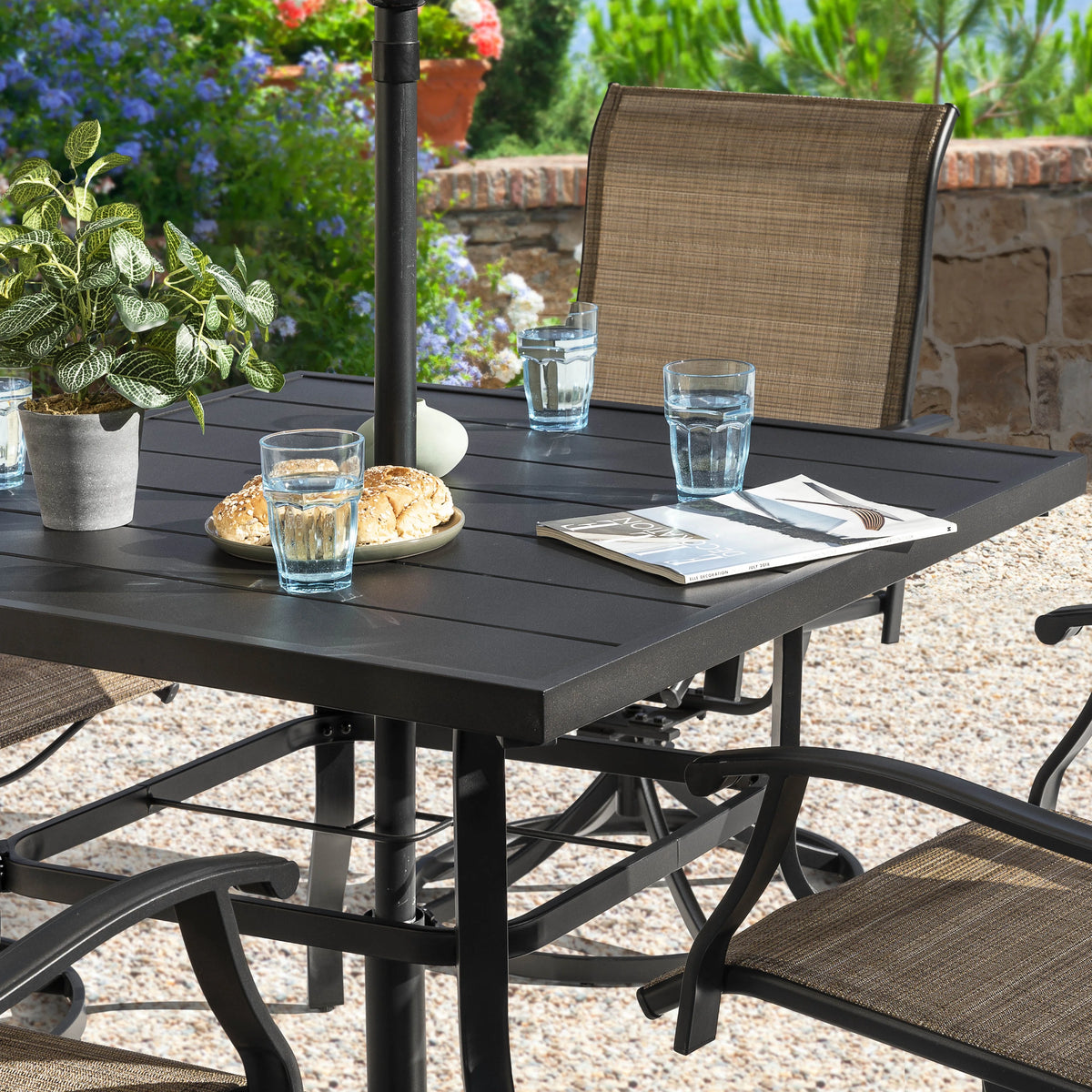 Nuu Garden 5 Piece Outdoor Patio Dining Set, Metal Patio Furniture Set 4 Textilene Swivel Chairs and 37" Square Iron Umbrella Dining Table, Black and Brown