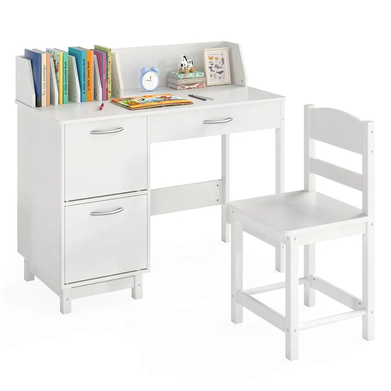 Wooden Kids Desk and Chair Set with Hutch, Storage Drawer & Cabinet, Children School Study Table Writing Computer Workstation for Ages 3-8