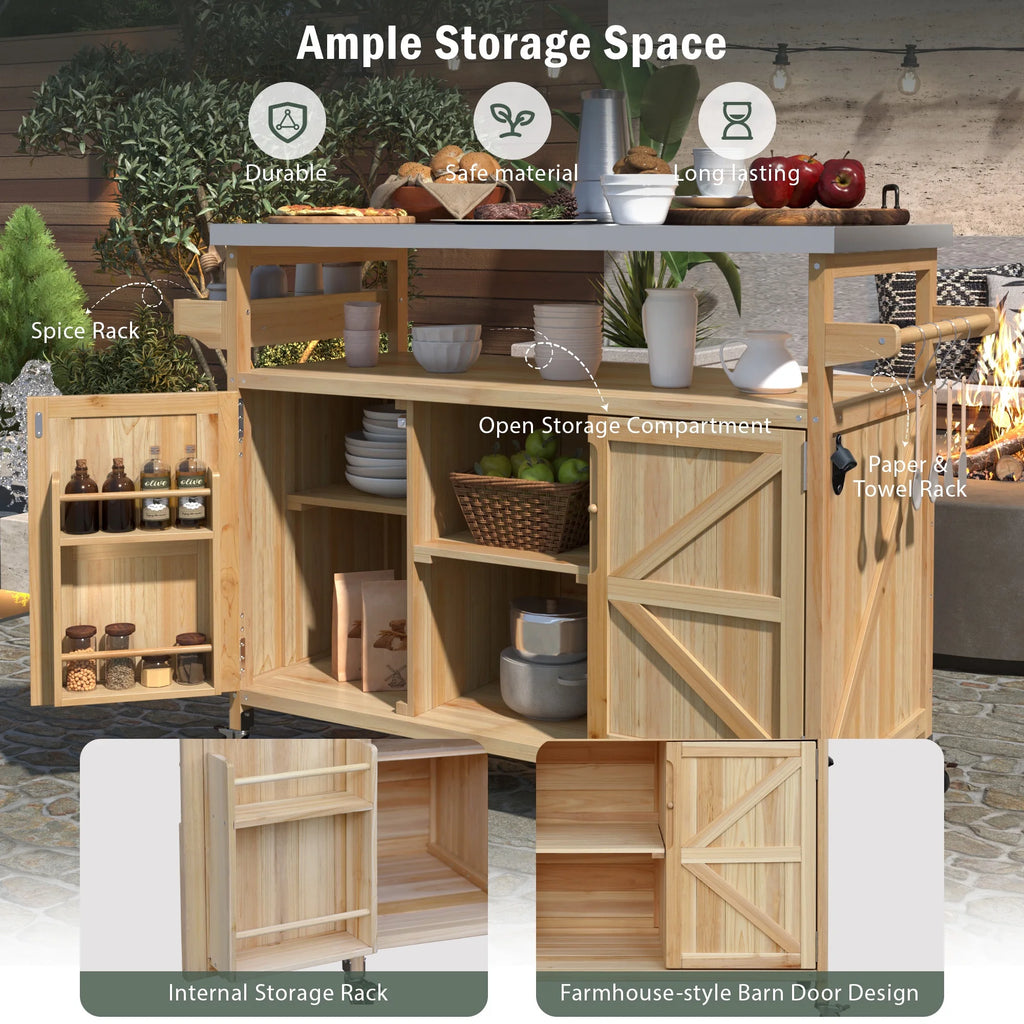 Bellemave Outdoor Serving Cart Kitchen Island Solid Wood Mobile Rolling Bar Cart with Lockable Wheels, Rack and Stainless Steel Top Beverage Storage Counter Table with Cabinet for Patio, Natural