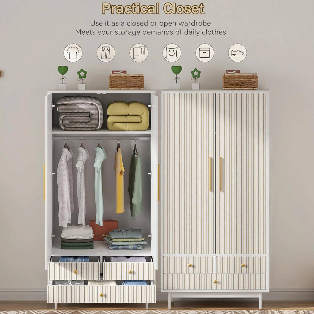 Oubayajia Wardrobe Armoire Closet, 2 Fluted Doors Wardrobe Cabinet with 3 - Drawer and Hanging Rod, Wood Wardrobe Storage for Bedroom