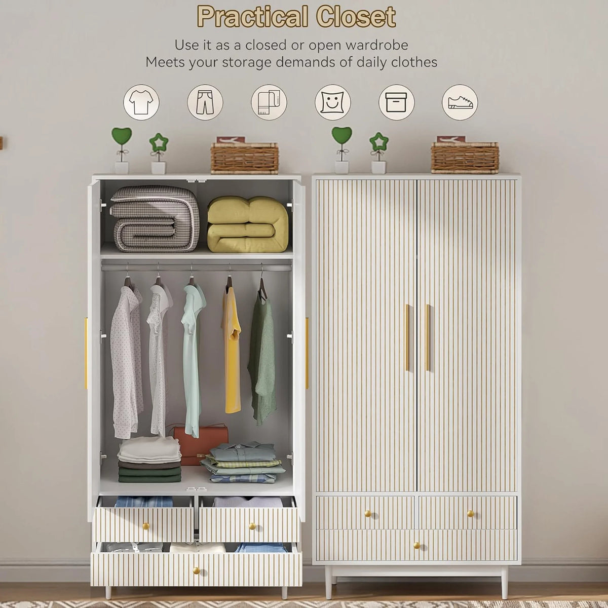 Oubayajia Wardrobe Armoire Closet, 2 Fluted Doors Wardrobe Cabinet with 3 - Drawer and Hanging Rod, Wood Wardrobe Storage for Bedroom